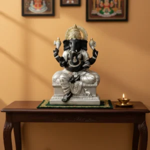 Figura Decorativa Hindu Ganesha Sentada En Trono Plateado