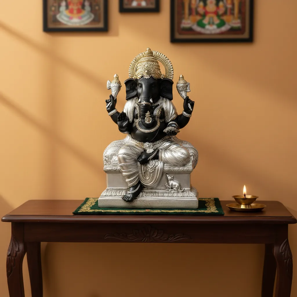 Figura Decorativa Hindu Ganesha Sentada En Trono Plateado