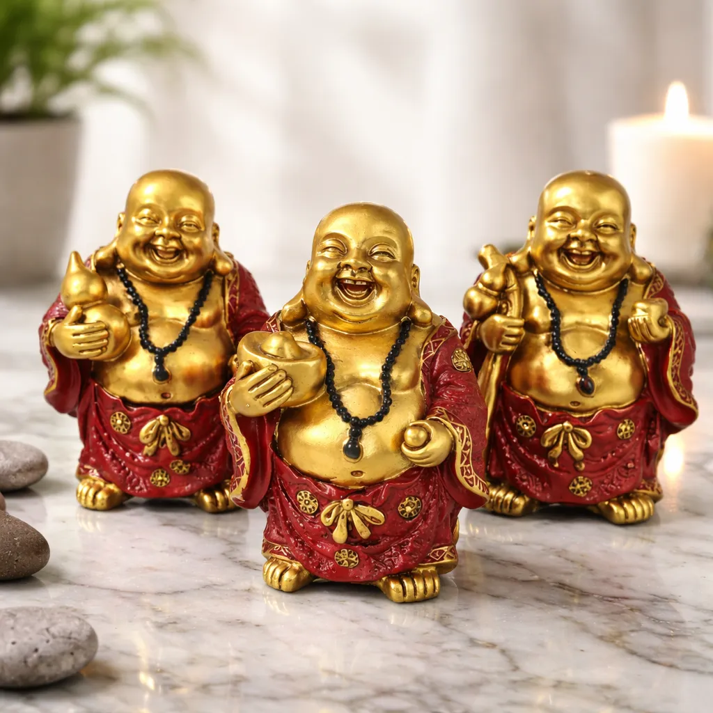 Set De Budas Sonrientes Dorado Burdeo Mide Mide 9.3x7.5cm