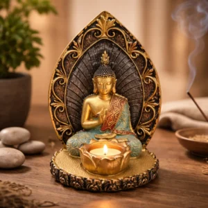 Porta Velas Buda Meditación Color Dorado Mide 14.5x9cm