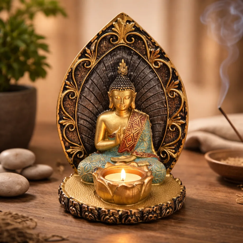 Porta Velas Buda Meditación Color Dorado Mide 14.5x9cm