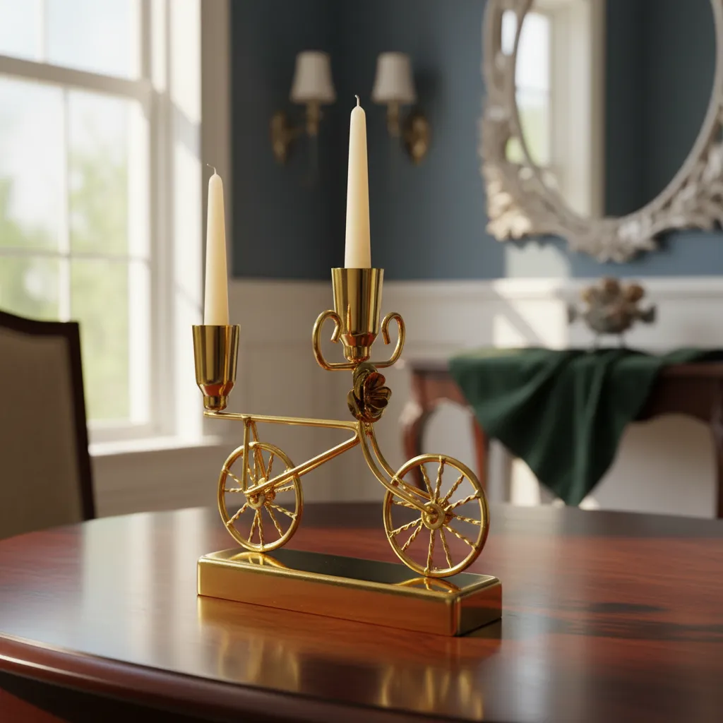 Candelabro Porta Vela Dorado Diseño Bicicleta Mide 16cm Dorado