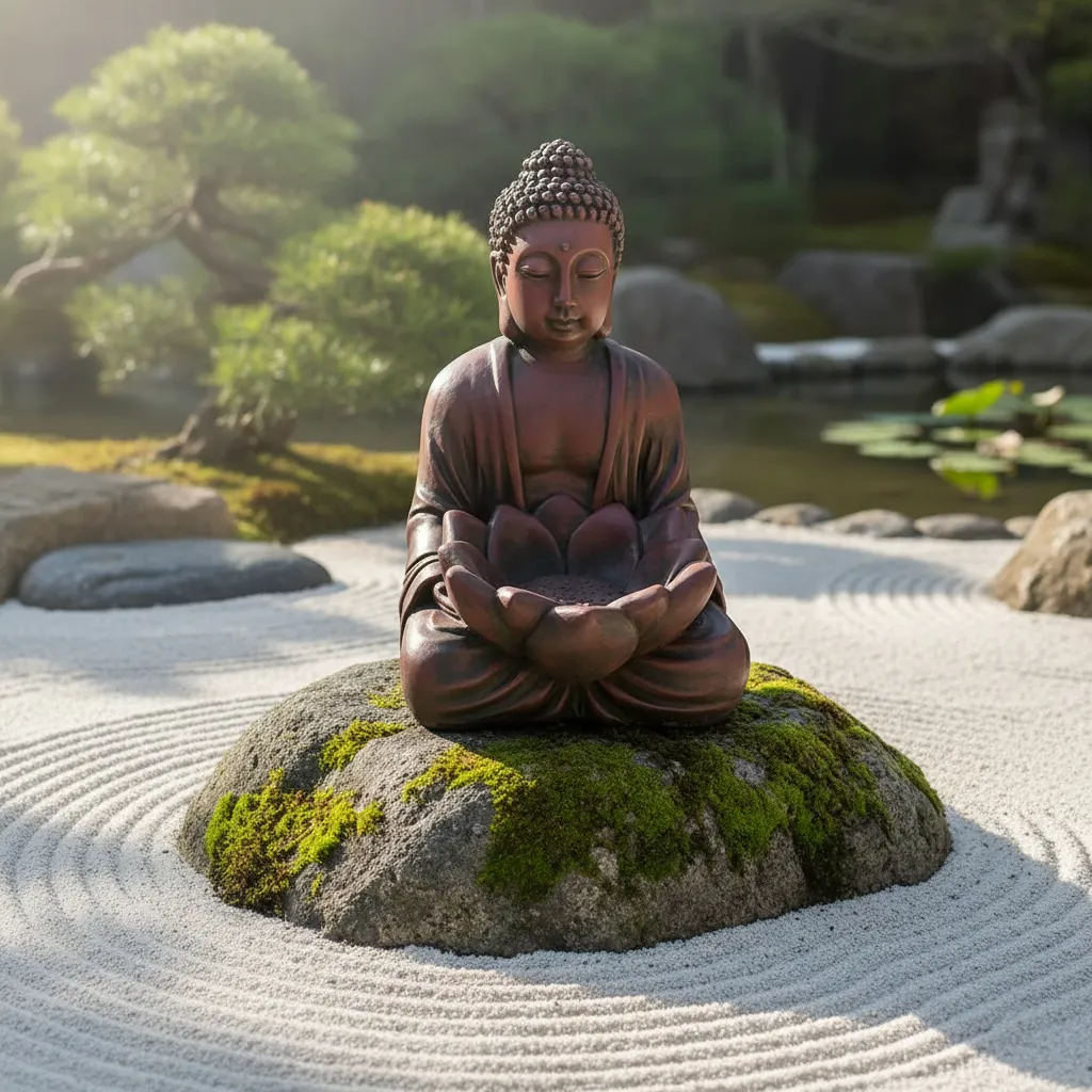 Estatua Buda En Meditación Con Flor De Lotto Mide 30x50cm Terracota