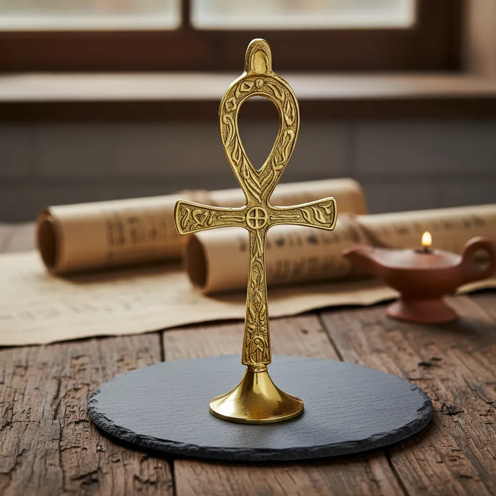 Cruz Egipcia Ankh Mide 19.5cm Con Pedestal Bronce Dorado oscuro