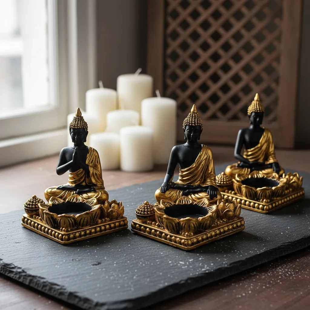 Set Porta Velas Buda Dorado Con Negro Mide 9.5x11cm Negro