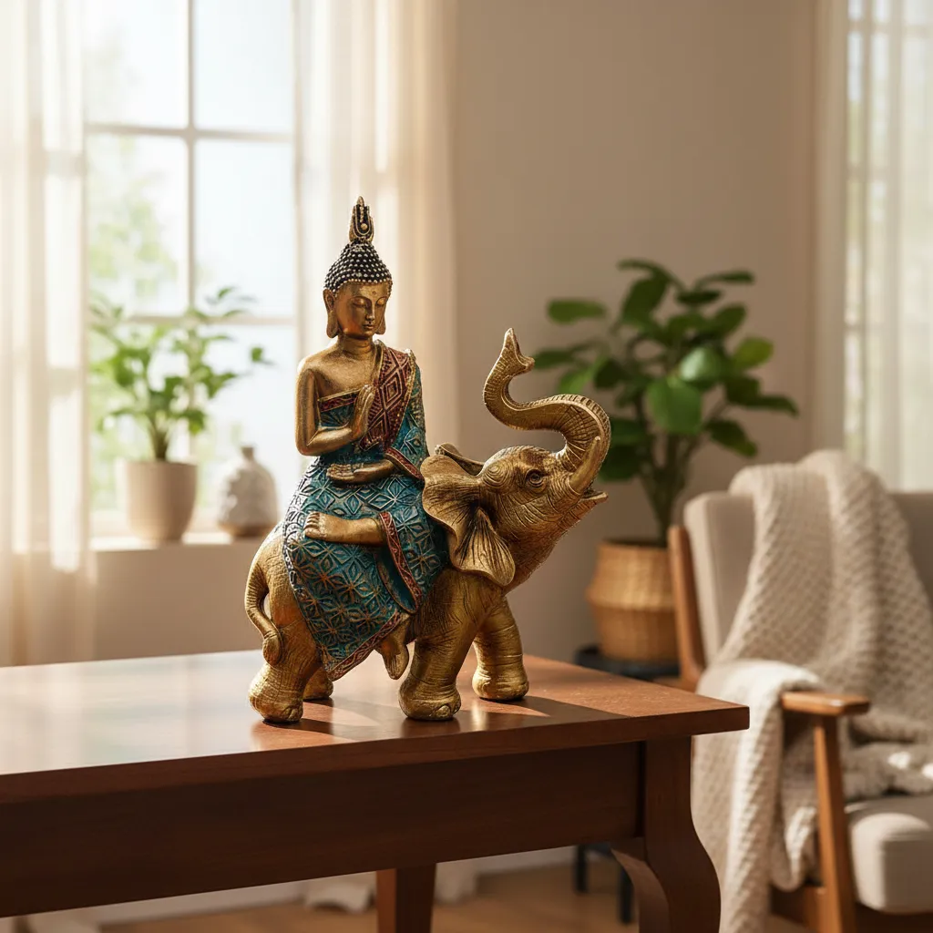 Figura Decorativa Buda Sobre Elefante Dorado Mide 16x12cm Cod:22061-1