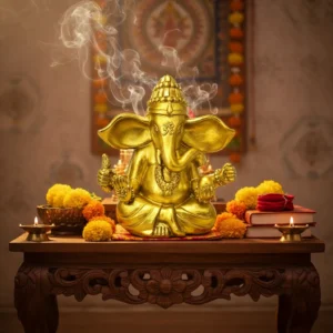 Figura Decorativa Hindu Ganesha Dorada Mide 11x12cm