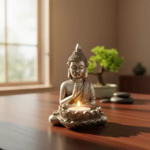 Porta Velas Buda Meditación Plateado Mide 12x8cm
