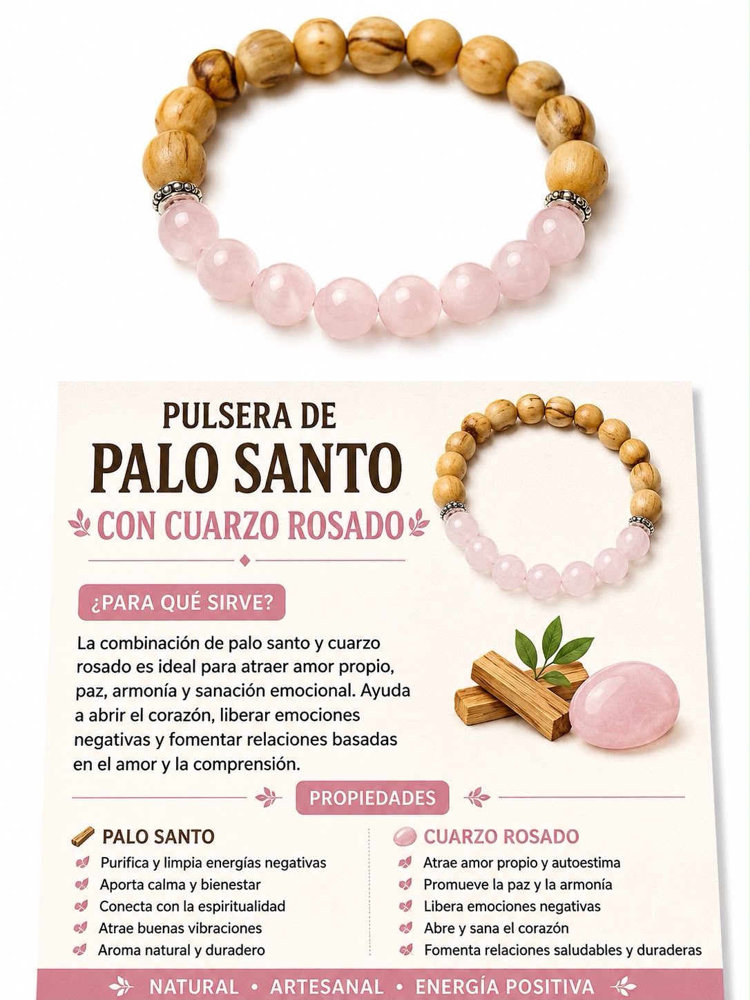 PULSERA PALO SANTO CON CUARZO ROSADO