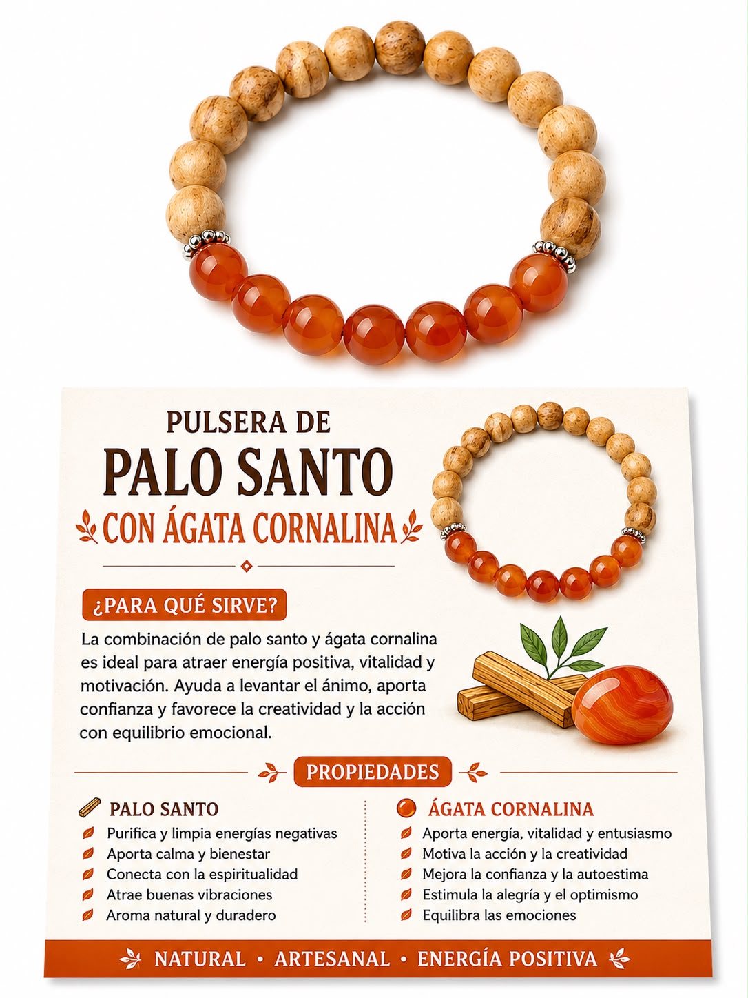 PULSERA AGATA CORNALINA CON PALO SANTO