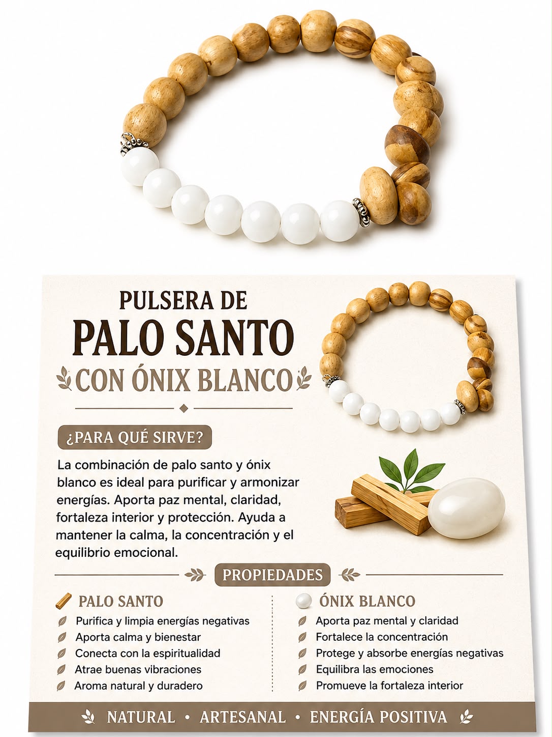 PULSERA DE PALO SANTO CON ONIX BLANCO