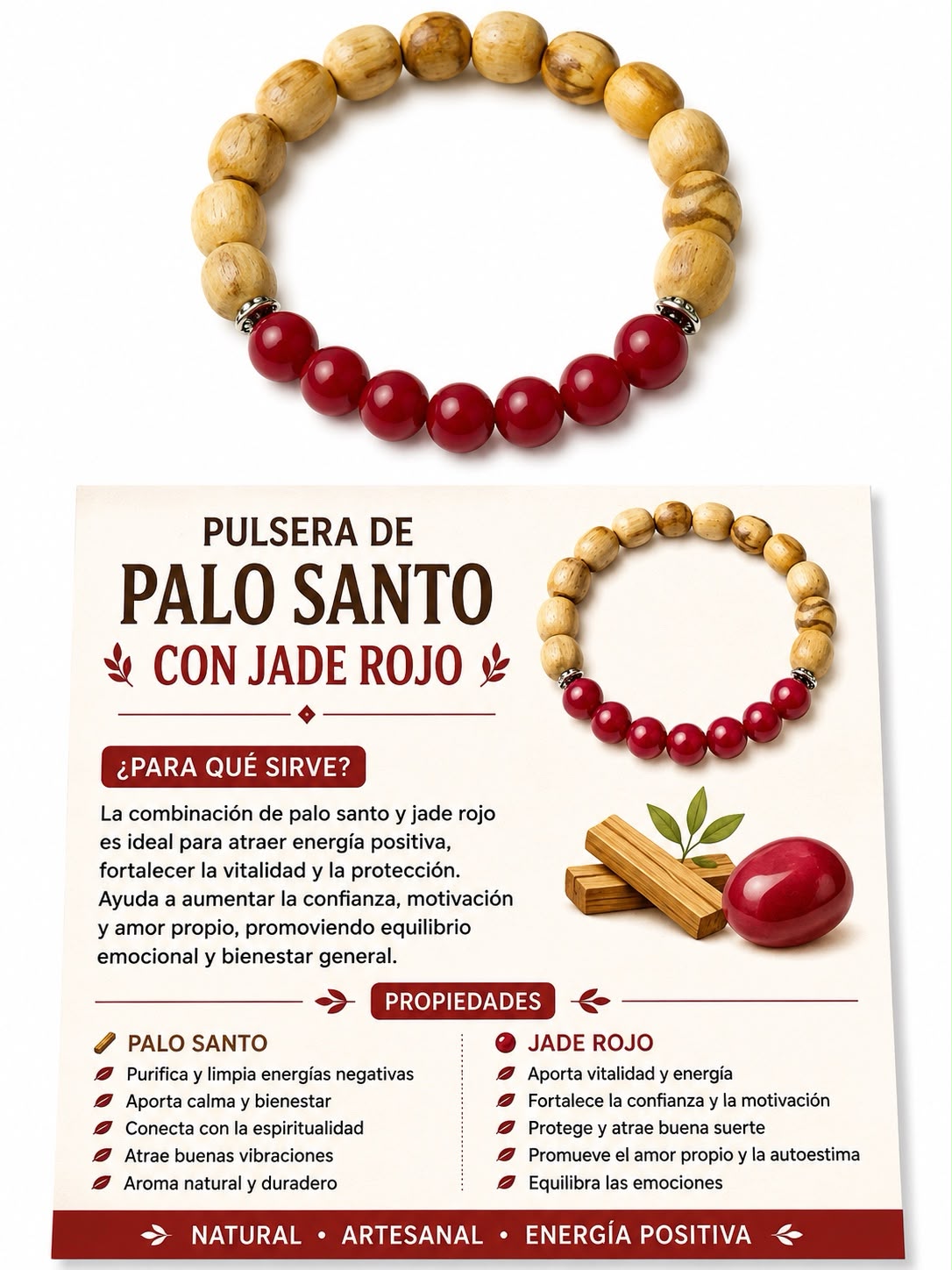 PULSERA PALO SANTO CON JADE ROJO